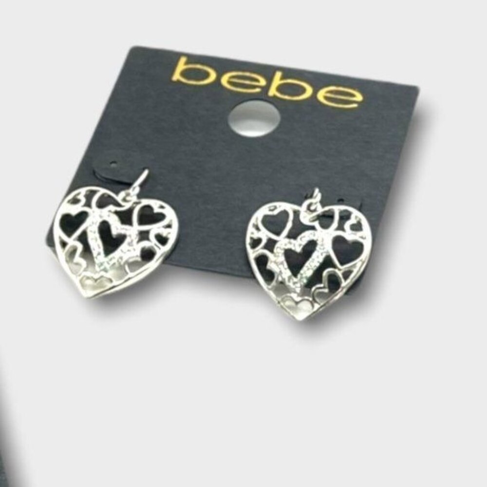 4/$20 SALE  BEBE Earrings   - silver open heart dangle Earringss with crystal ac
